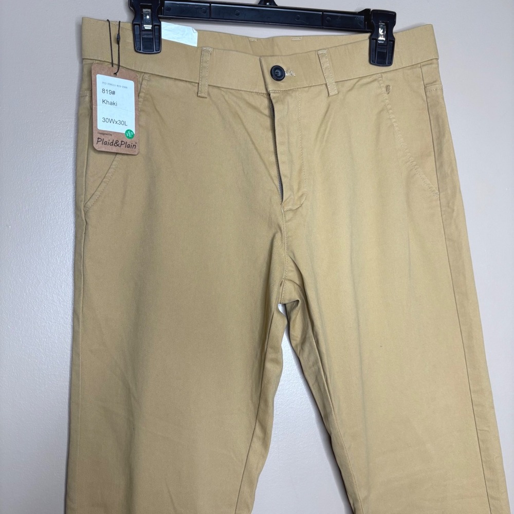NEW Plaid&Plain Mens Skinny Fit Khaki Chino Pants Tan Trousers 30x30 Office Wear